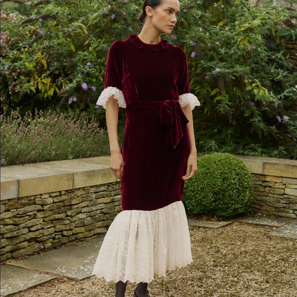 Beulah London Red Velvet Dress with Cream Lace